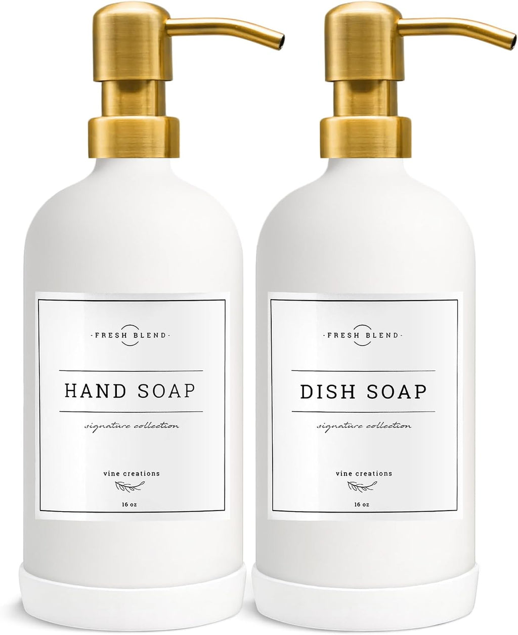 Vine Creations Glass Soap Dispenser, 2 Pack Kitchen Soap Dispenser Set with Stainless Steel Pump, 16 oz Dish Soap and Hand Soap Dispensers for Bathroom with Waterproof Labels (White)