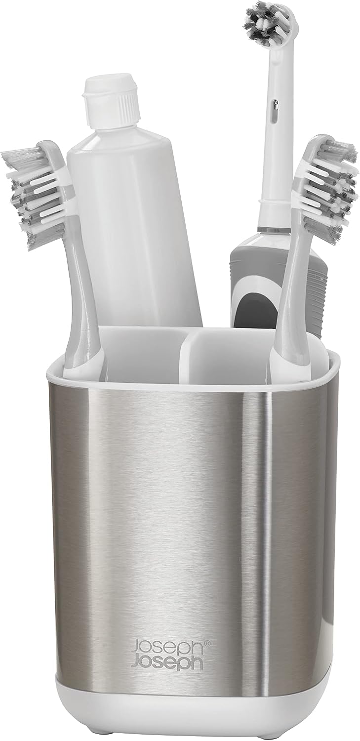 Joseph Joseph EasyStore Stainless-Steel Toothbrush Holder Bathroom Storage Countertop Organizer Caddy, Small