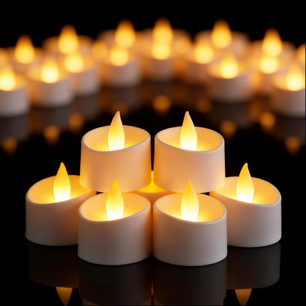 Realistic Flameless LED Tea Lights - Battery-Powered Dancing Flame Candles for Weddings, Halloween, Votives | Safe Child-Resistant, Flickering Ambiance Decor (White Base, 100 Pack)