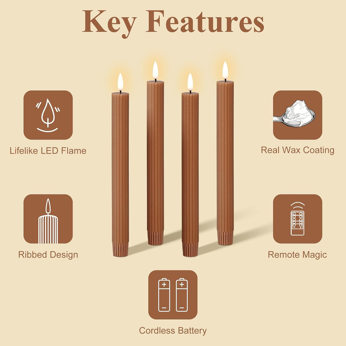 Brown Ribbed Fall Flameless Taper Candles with Remote Set of 4