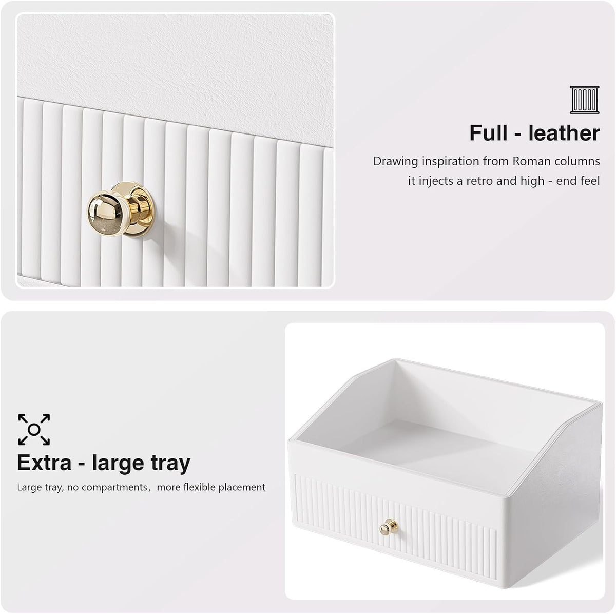 LADSTAG Office Desk Accessories,Beige White Vegan Leather Office Organizer with 1 Drawer & Tray,Pen Holder with Gold-Tone Metal Accents Knob for End Tables,Bedside Table,Bedroom.
