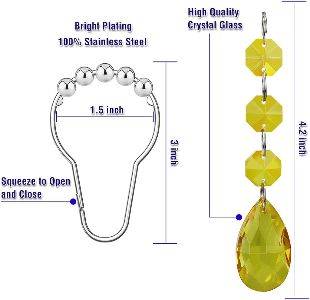 Shower Curtain Hooks Rings for Bathroom, 12PCS Gemstone Crystal Bead Water Drop Stainless Steel Rust Resistant Clear Shower Curtain Rings (Yellow)