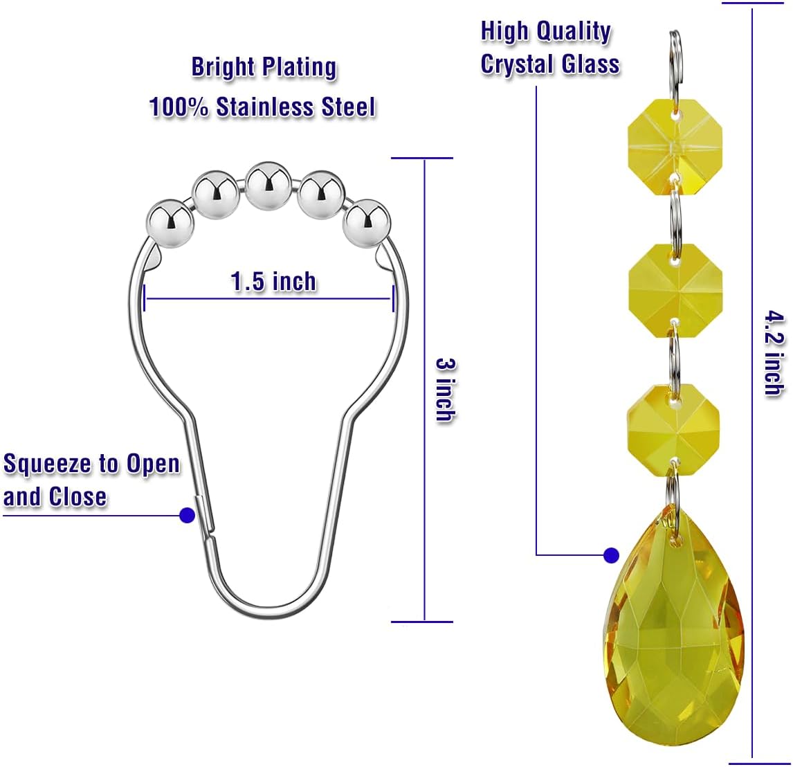 Shower Curtain Hooks Rings for Bathroom, 12PCS Gemstone Crystal Bead Water Drop Stainless Steel Rust Resistant Clear Shower Curtain Rings (Yellow)
