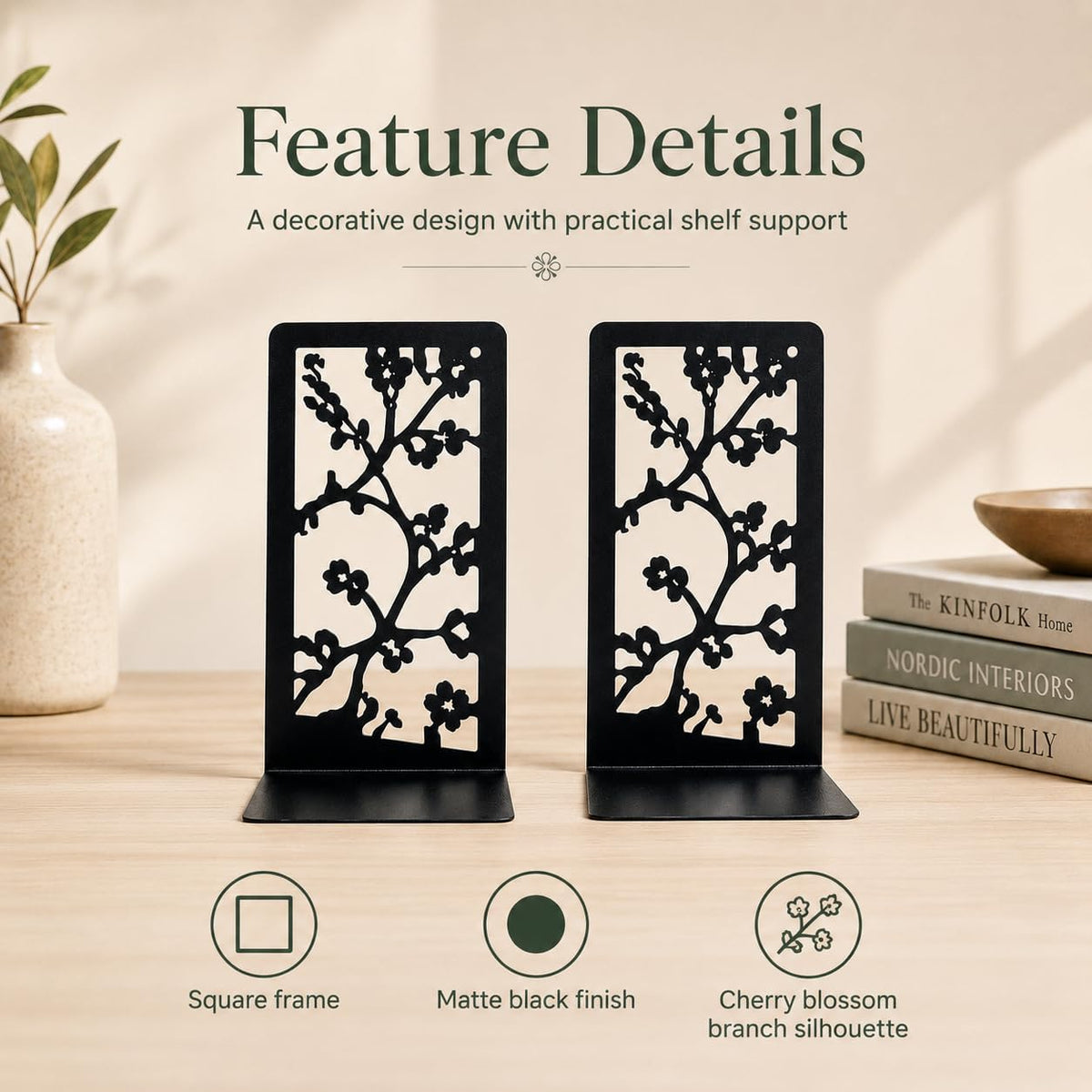 Cherry Blossom Branch Bookends, Set of 2 (1 Pair), Matte Black Metal Book Ends for Shelves, Bookshelf, Desk and Home Library Decor