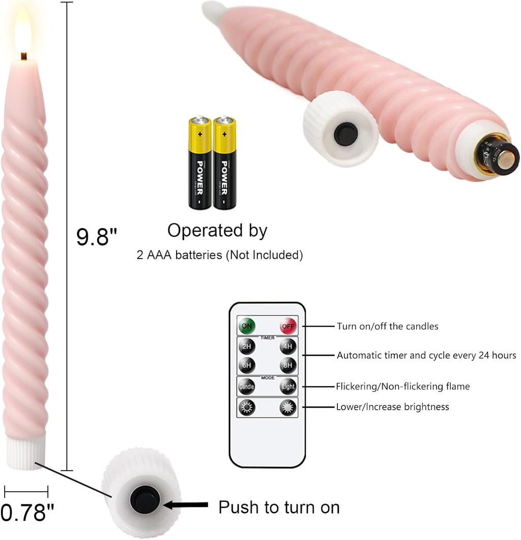 Pink Flameless Taper Candles Flickering with Remote Timer