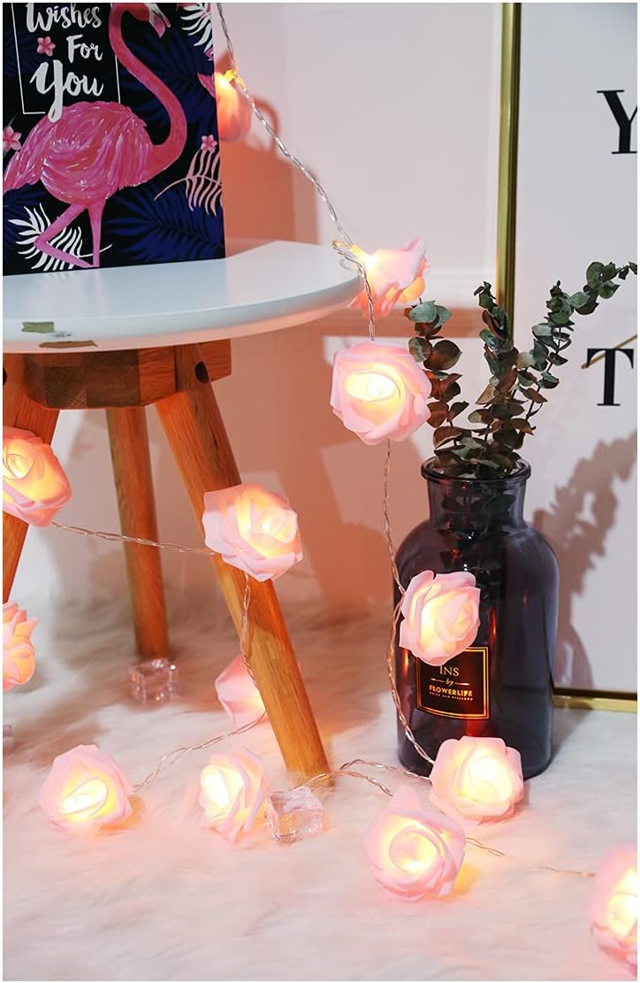 Fantasee LED Pink Rose Flower String Lights Battery Operated for Wedding Home Party Birthday Festival Indoor Outdoor Decorations Large Rose Flower Diameter 6cm (6.6ft 20LED, Pink Rose Warm Lights)