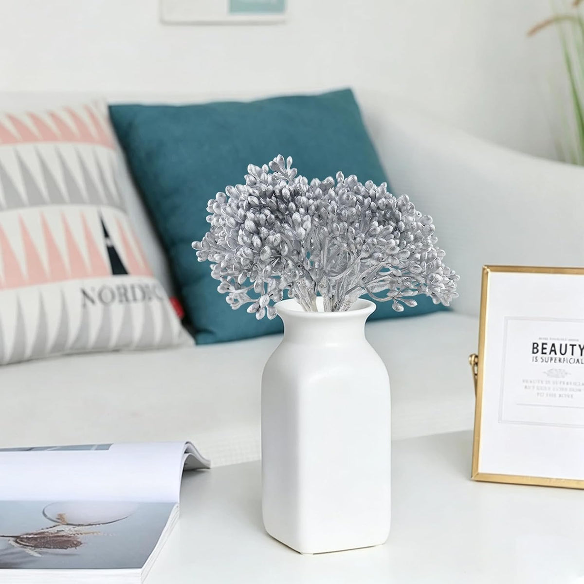 Fake Leaves Artificial Flocked Eucalyptus Stems (Silver Pearl Flower)