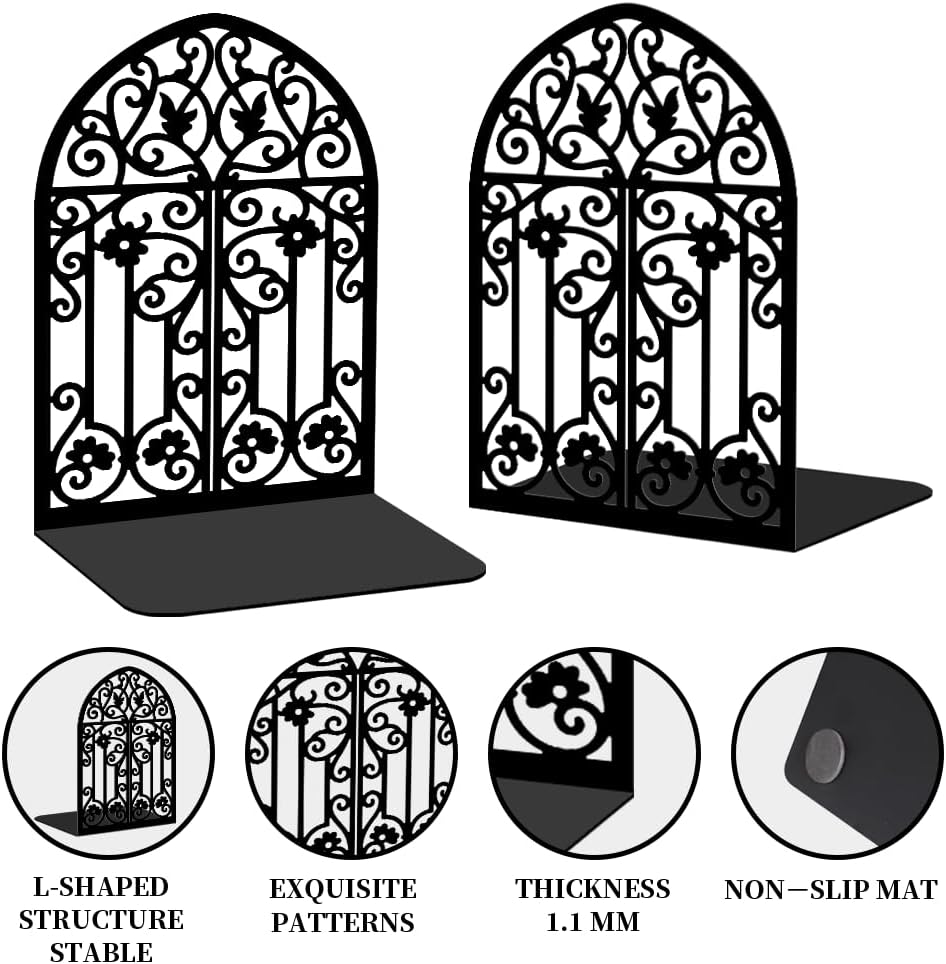 2 Pcs Vintage Door Bookends, Metal Decorative Bookends for Shelves, Heavy Duty Book Holders Suitable for Multiple Scenarios, Black