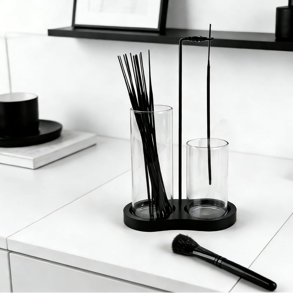 2 in 1 Black Incense Holder for Sticks with Glass Ash Catcher, Anti-Ash Incense Burner for Yoga Meditation Spa, Sleek Minimalist Decor & Incense Holder for Men, Includes Ash Brush