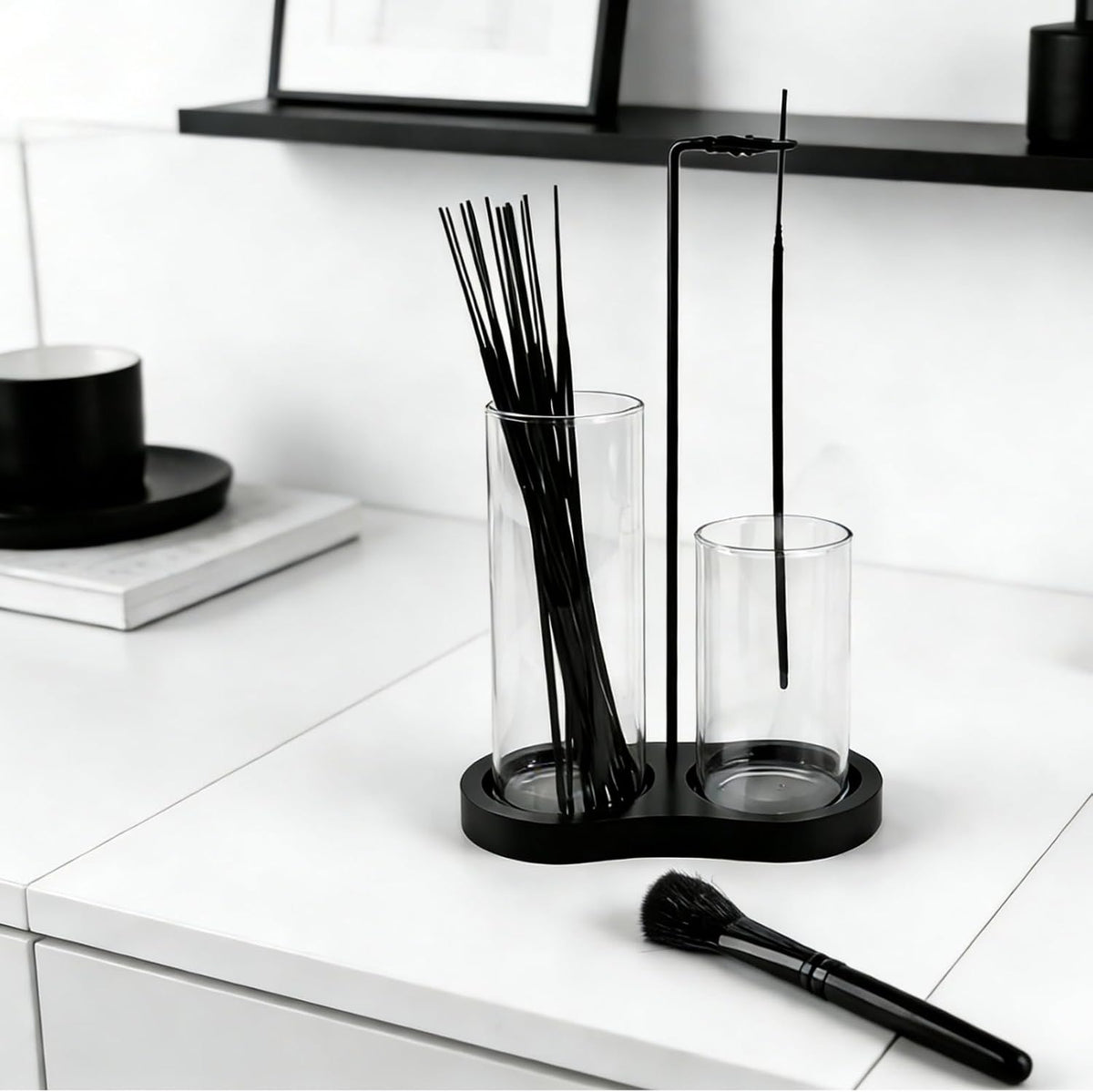 2 in 1 Black Incense Holder for Sticks with Glass Ash Catcher, Anti-Ash Incense Burner for Yoga Meditation Spa, Sleek Minimalist Decor & Incense Holder for Men, Includes Ash Brush