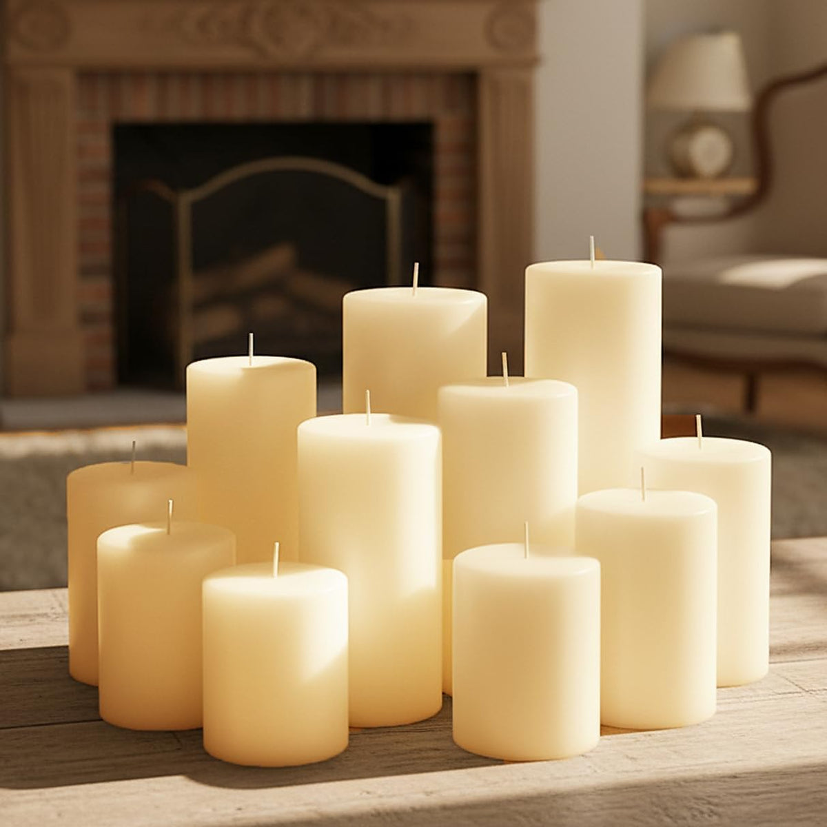 12 Pack Ivory Pillar Candles Bulk Set, 3x3/6/8 Inch - 4 Each Size, Dripless Smokeless Clean Burning for Wedding Centerpieces, Home Decor, Church, Romantic Ambiance！