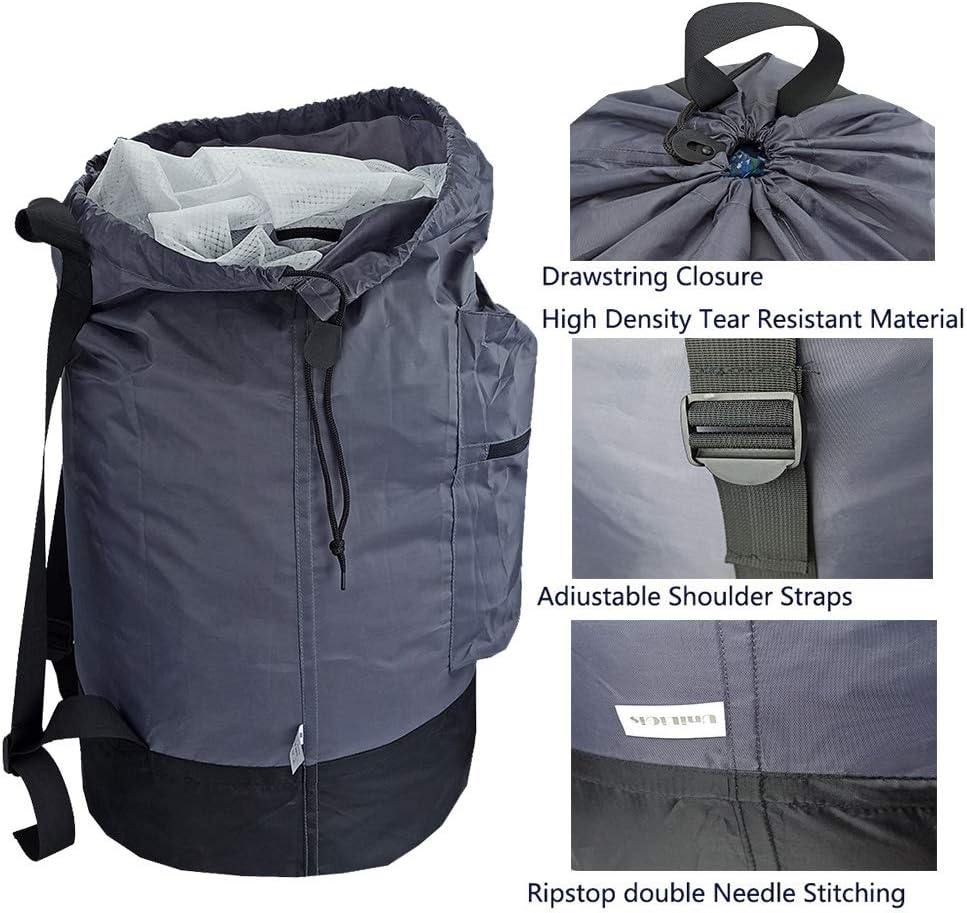 Washable Laundry Bag Backpack with Zipper Pocket, Heavy Duty Clothes Bag, 2 Strong Adjustable Shoulder Straps with Drawstring Closure for Travel, Camping or College, Grey