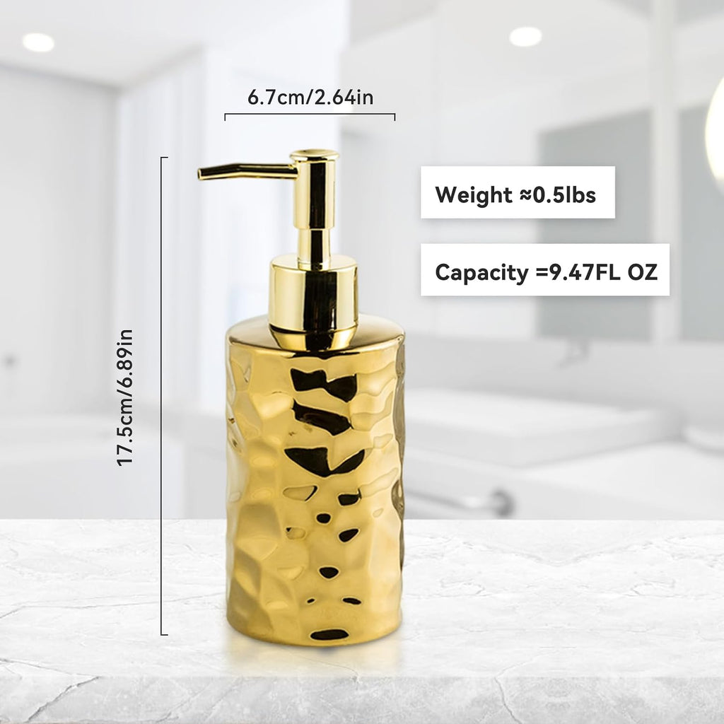 Gets Ceramic Soap Dispenser Gold Round Hammered Finish Refillable Pump