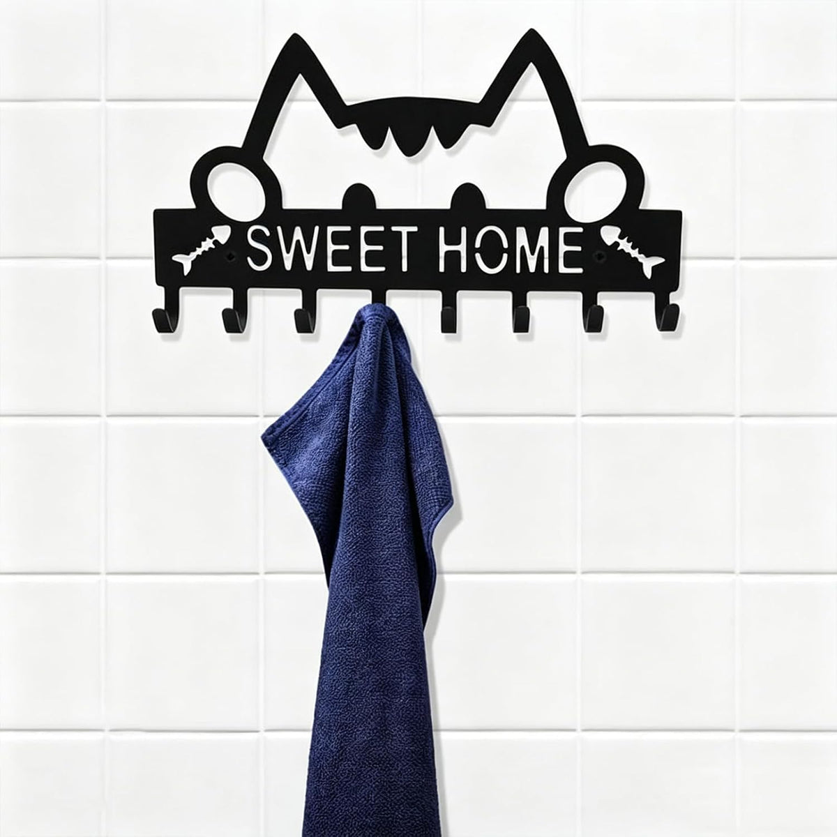 8 Hooks Entryway Wall Key Holder, Metal Key Rack Wall Mount for Keys, Bags and Leashes, Decorative Organizer for Entryway, Mudroom or Hallway, Sweet Home Design, 11 x 6.3 Inches, Black