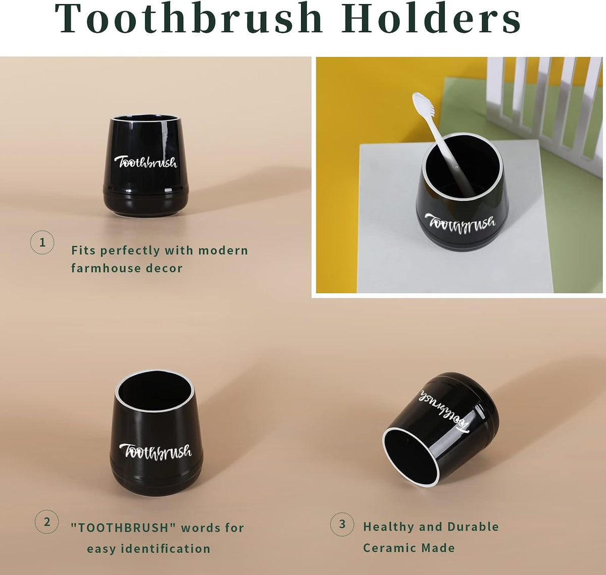Ceramic Toothbrush, Brushing Holder Easy to Clean (Black)