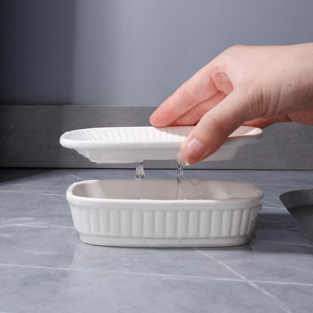 ANTIS'S HOME Ceramic Double Layer Self Draining White Soap Dish Bathroom Kitchen