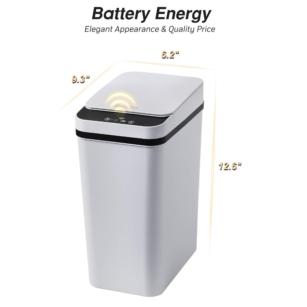 FRESHLIX Bathroom Trash Can 2.5 Gallon Automatic Small Garbage Can with Lid, Slim Motion Sensor Plastic Narrow Trash Bin for Bedroom, Kitchen, Office (A-Basic Battery Supply-Grey)