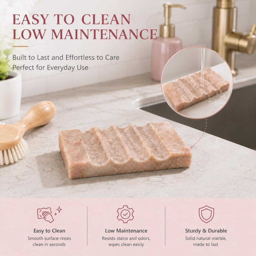 Pink Marble Soap Dish for Bathroom, Real Natural Marble Soap Holder with Drainage Groove, Luxury Decorative Small Soap Tray for Bathtub, Kitchen Sink & Shower, Pink Bathroom Accessories