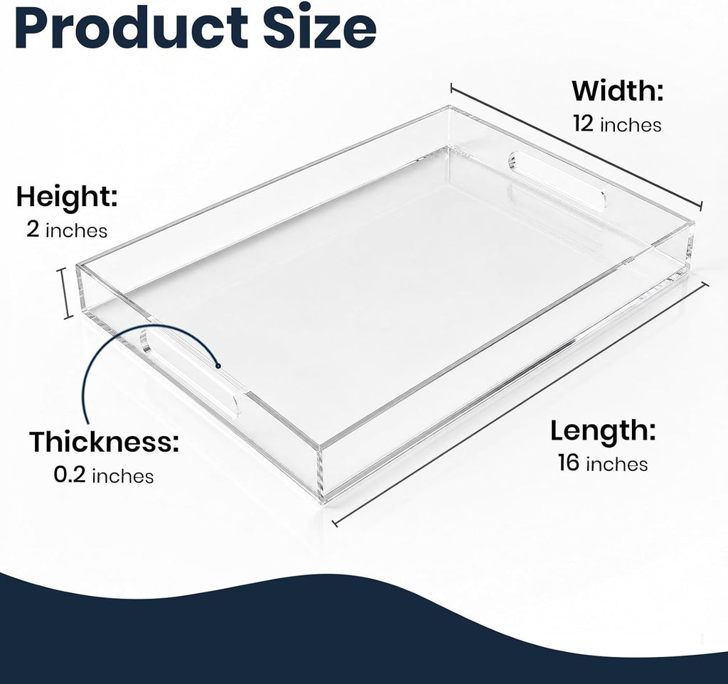 12"x16" Acrylic Serving Tray with Handles, Spill Proof Clear Decorative Tray, Lucite Tray for Coffee Table, Vanity, Makeup Organizer