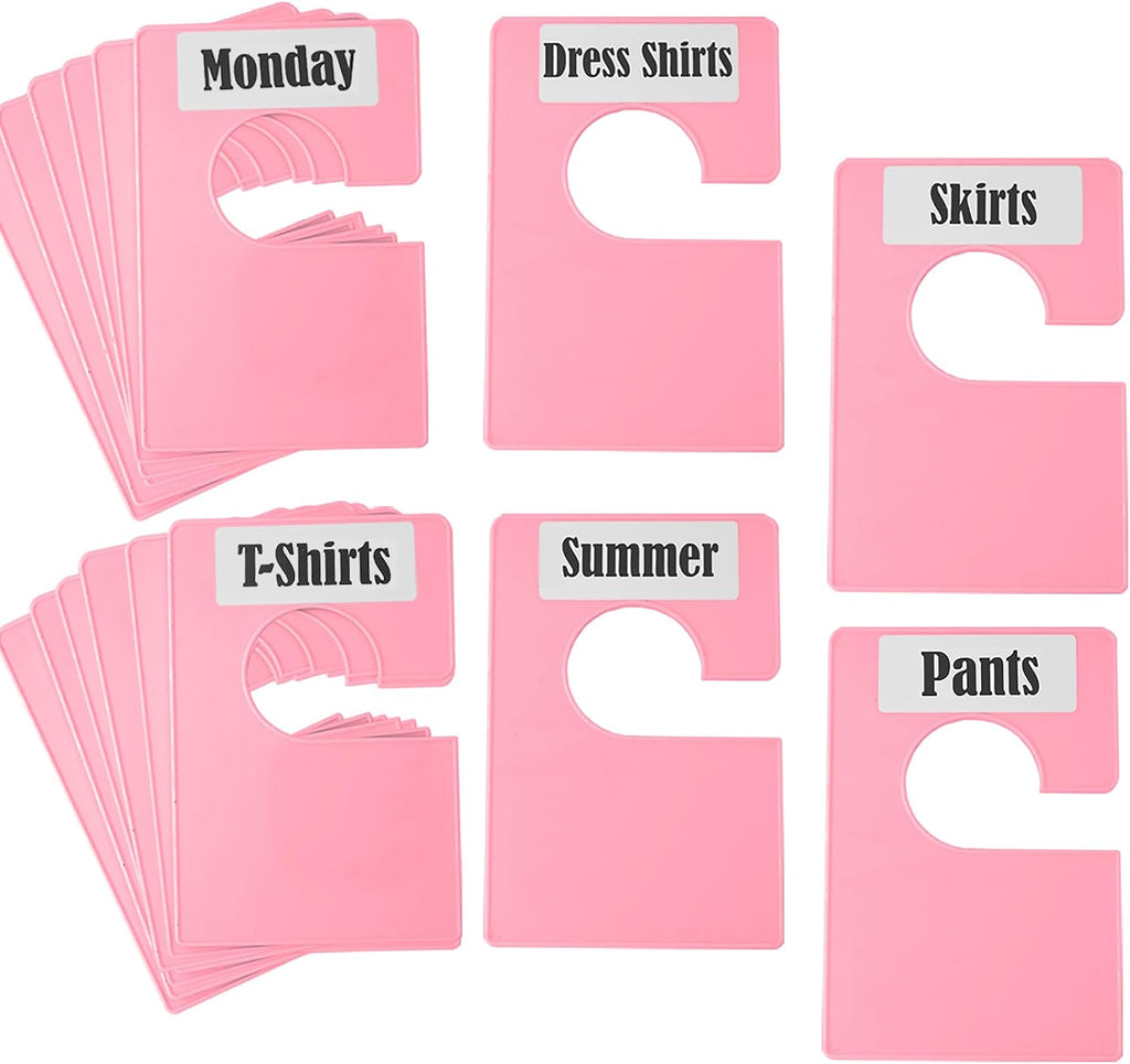 16 Pack White Clothing Rack Size Dividers Plus 45 Labels (1 Inch) and 18 Large Blank Labels, Large Rectangular Clothing Closet Dividers (Pink)
