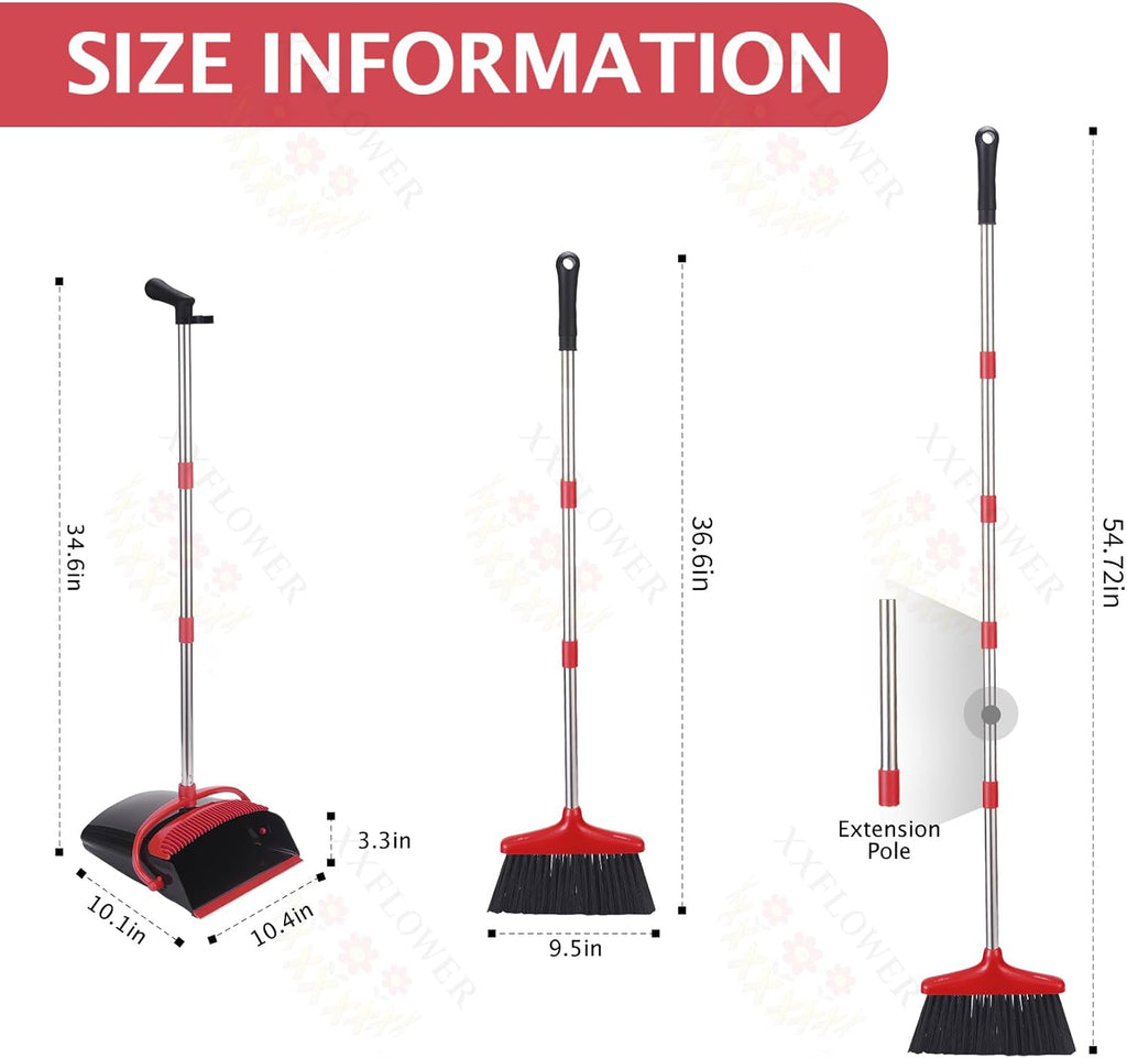 Broom and Dustpan Set,54.72"Long Handle,Standing Dustpan,Black&Red