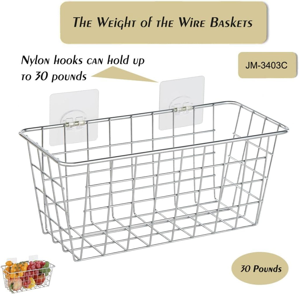 JUNCHU CHERRY 5 Pack Hanging Storage Basket, Bathroom Basket, Household Goods, with Traceless Tape, no Drilling, for Cabinet Storage, Kitchen, Bathroom, Storage Room,Chrome