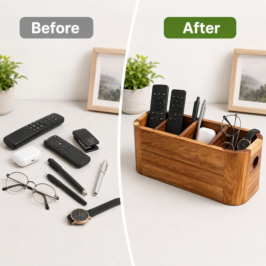 Acacia Wood Remote Control Holder, TV Remote Holder - 4 Compartment Remote Control Storage Organizer, Small Wooden Desktop Caddy for Coffee Table, Nightstand, Living Room, Office, Vanity
