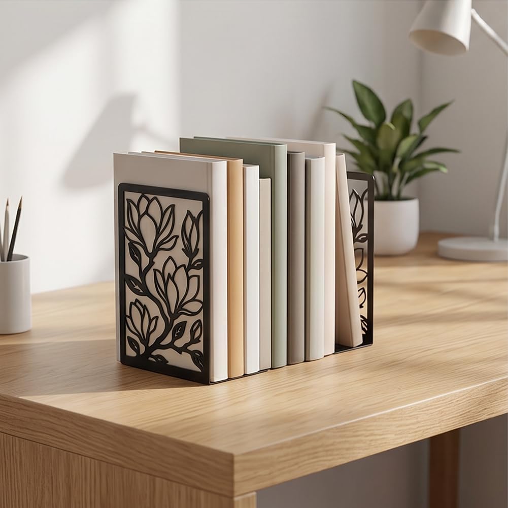 Iron Metal Bookends for Shelves, Magnificent Magnolia Book Ends Decorative Books, Desk Organizer Bookend for Book Display, Non-Slip Bookend for Library Office Home Decor