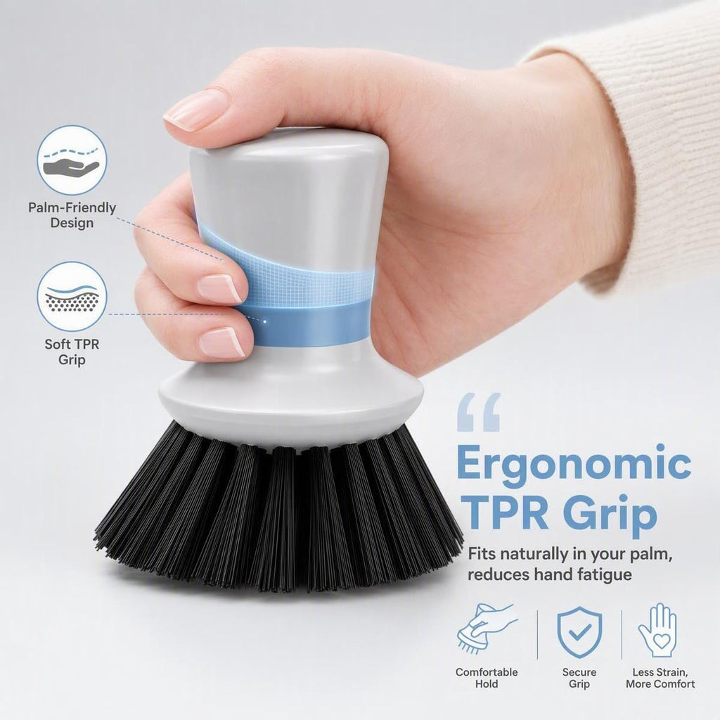 2-Pack Dish Scrub Brush with Holder Set, Non-Scratch Palm Scrub Brush for Kitchen, Nylon Bristle Pot Scrubber for Dishes, Pans & Sink with Ergonomic TPR Grip, Gray