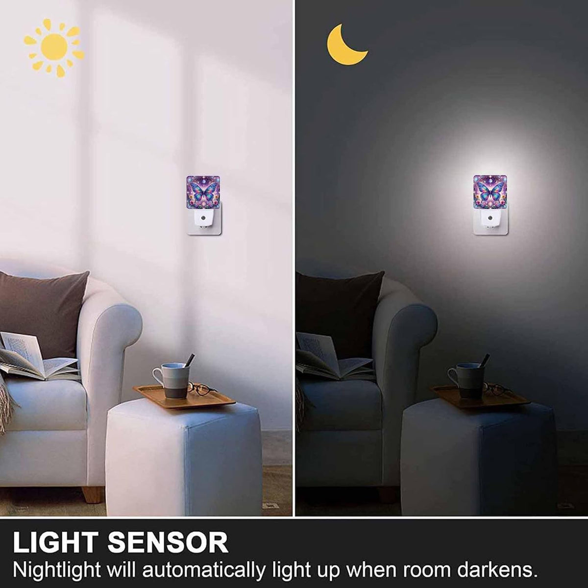 LED Night Light,Abstract Blue Cyan Butterfly LED Night Light Plug into Wall with Dusk to Dawn Light Sensor White Energy Efficient Nightlight for Bedroom Bathroom Hallway Living Room Kitchen