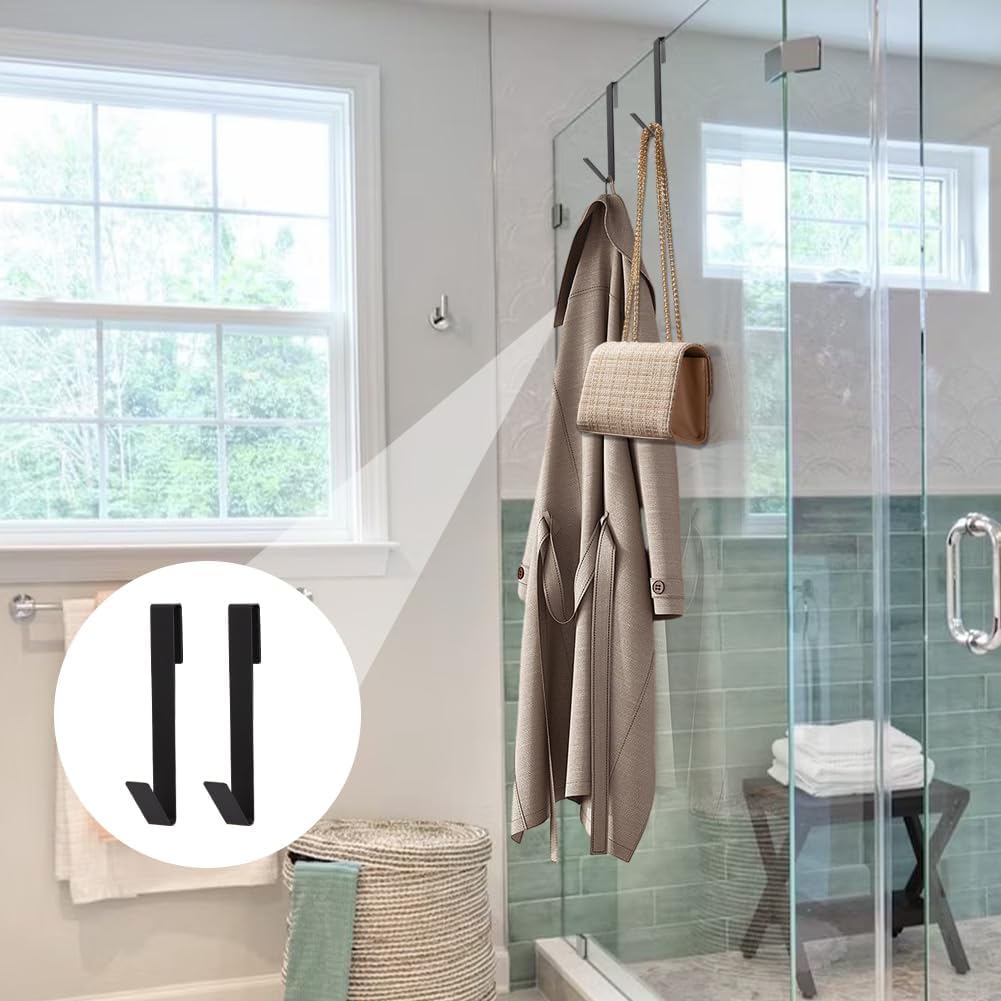 4 Pack 7 Inch Shower Door Hooks for Frameless Glass Doors Up to 11mm (7/16"), Stainless Steel Over Door Towel Hooks, No Drill Shower Hanger for Bathroom Towels & Robes, Matte Black