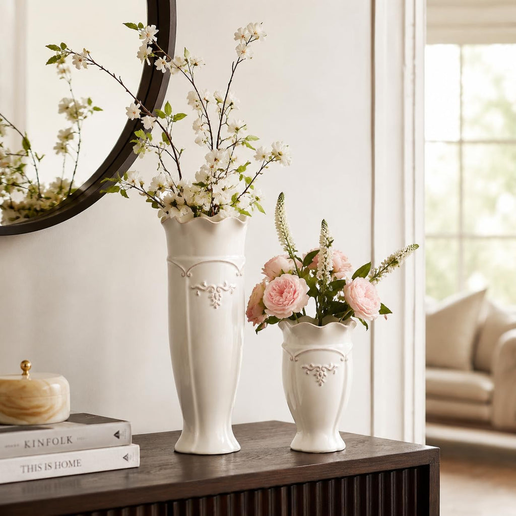 hjn White Ceramic Vase- French Flower Vase for Decor Small Vintage Vases for Flowers/Home Decoration/Kitchen/Table/Living Room/Shelf/Mantel/Office-Height-6.8"