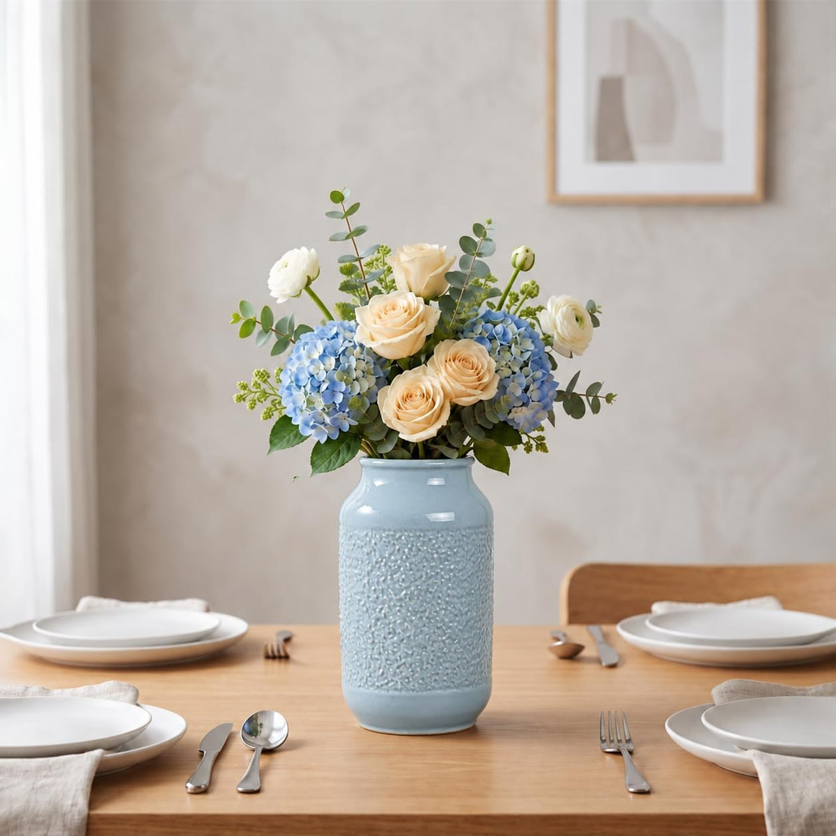 Blue Ceramic Vase for Home Decor - 9 Inch Textured Flower Vase for Table Centerpiece - Modern Decorative Pottery Vases for Flowers, Living Room, Shelf, Mantle Decor