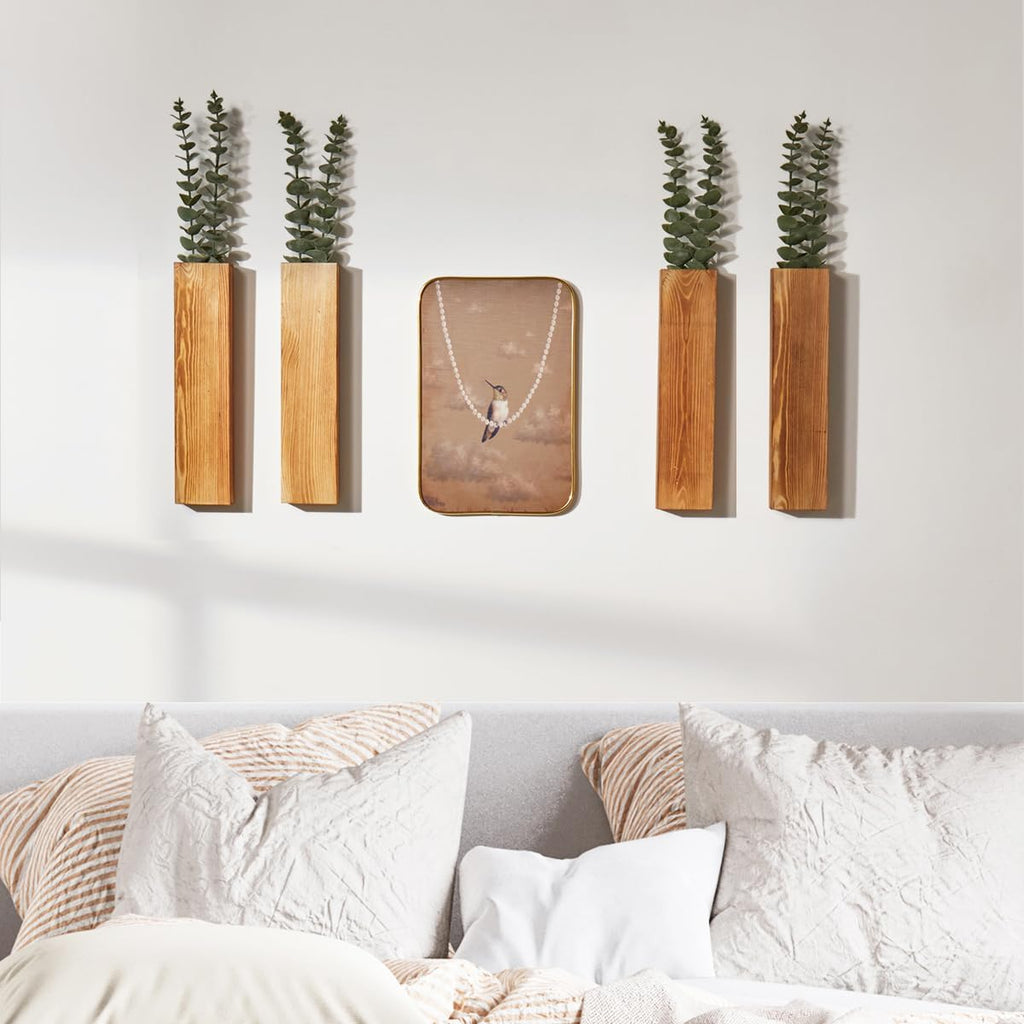 4 Pack Wooden Wall Planters with Faux Eucalyptus Stems for Wall Decor
