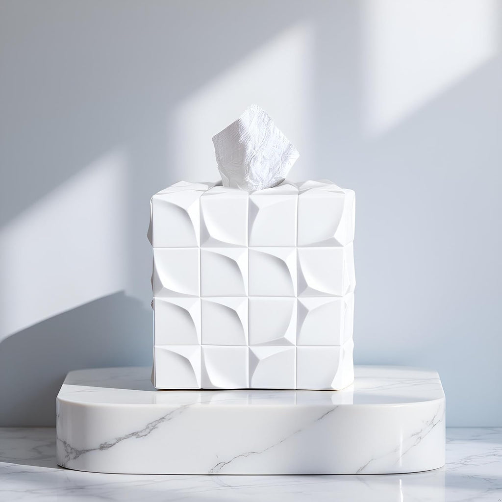 Square Tissue Box Cover Decorative Kleenex Box Holder for Bathroom & Living Room with Handcrafted Texture (White)