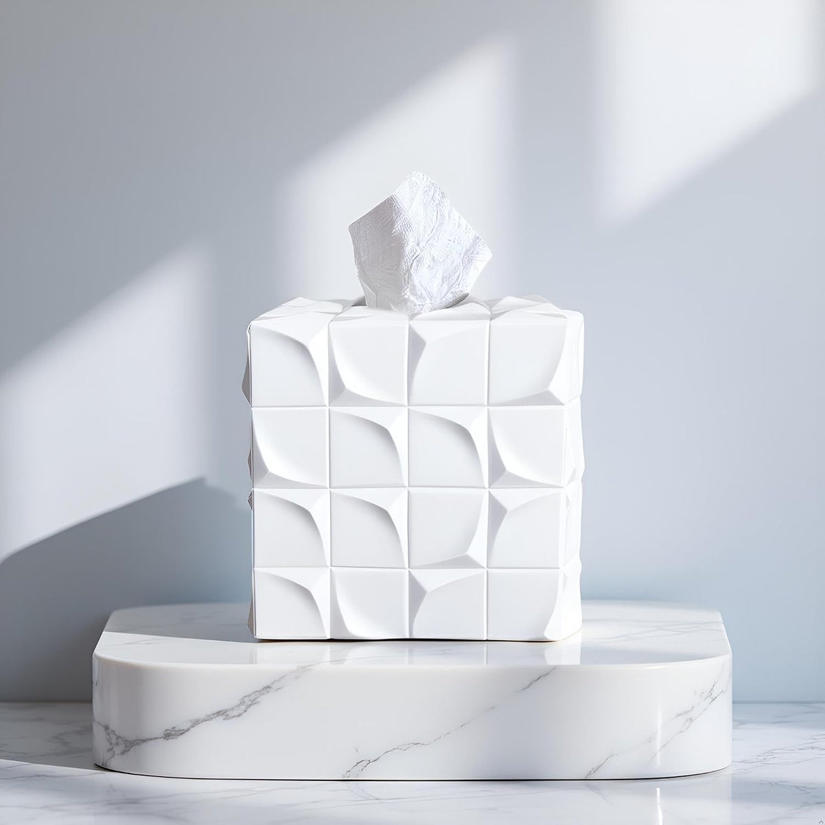 Square Tissue Box Cover Decorative Kleenex Box Holder for Bathroom & Living Room with Handcrafted Texture (White)