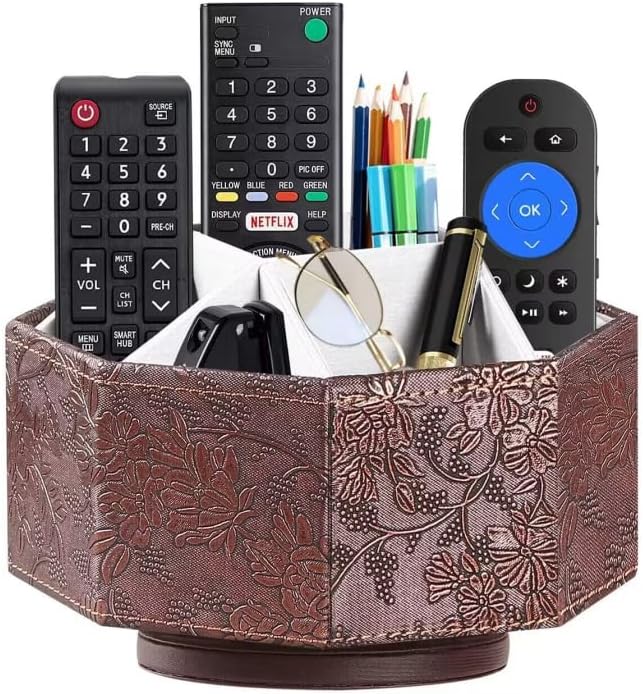 PU Leather Remote Control Holder,360 Degree Spinning TV Remote Caddy,9 Grids Desk Organizers and Accessories for Storage Controller,Calculator,Mail,Media,Pen,Phone etc (Antique)