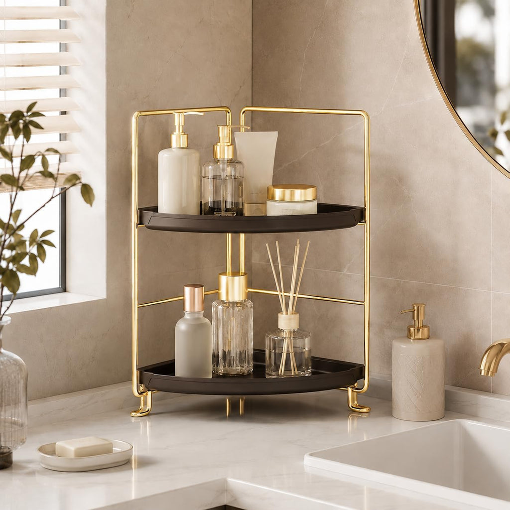 FSyueyun 2-Tier Corner Bathroom Counter Organizer, Gold & Brown