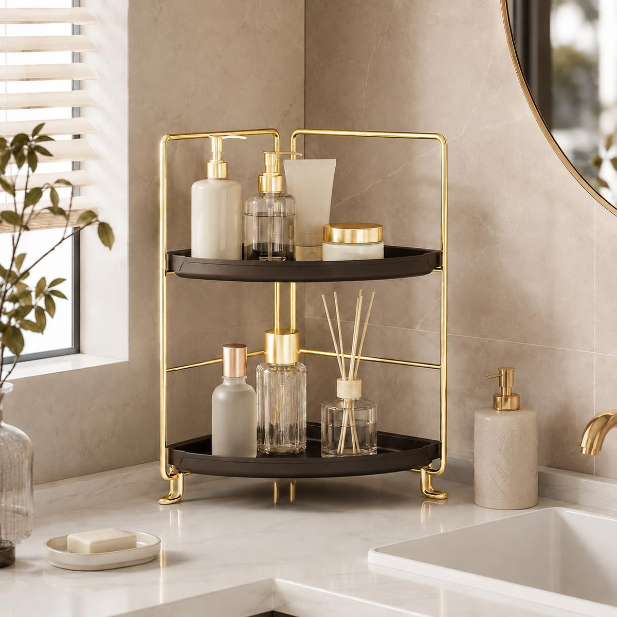 FSyueyun 2-Tier Corner Bathroom Counter Organizer, Gold & Brown