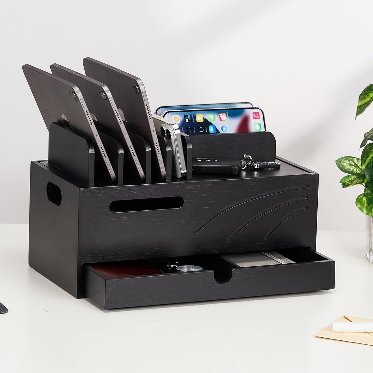 Homde Bamboo Charging Station Organizer: 6 Compartments and Drawer