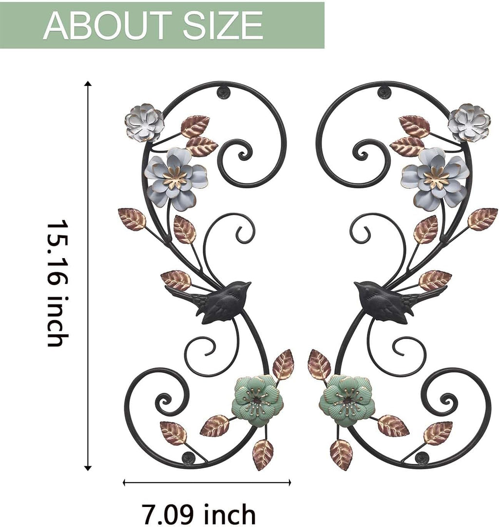 Birminwind 3D Metal Flower Wall Art: 2pcs Vintage Floral Wall Décor with Leaves Bird for Room, 15.16"