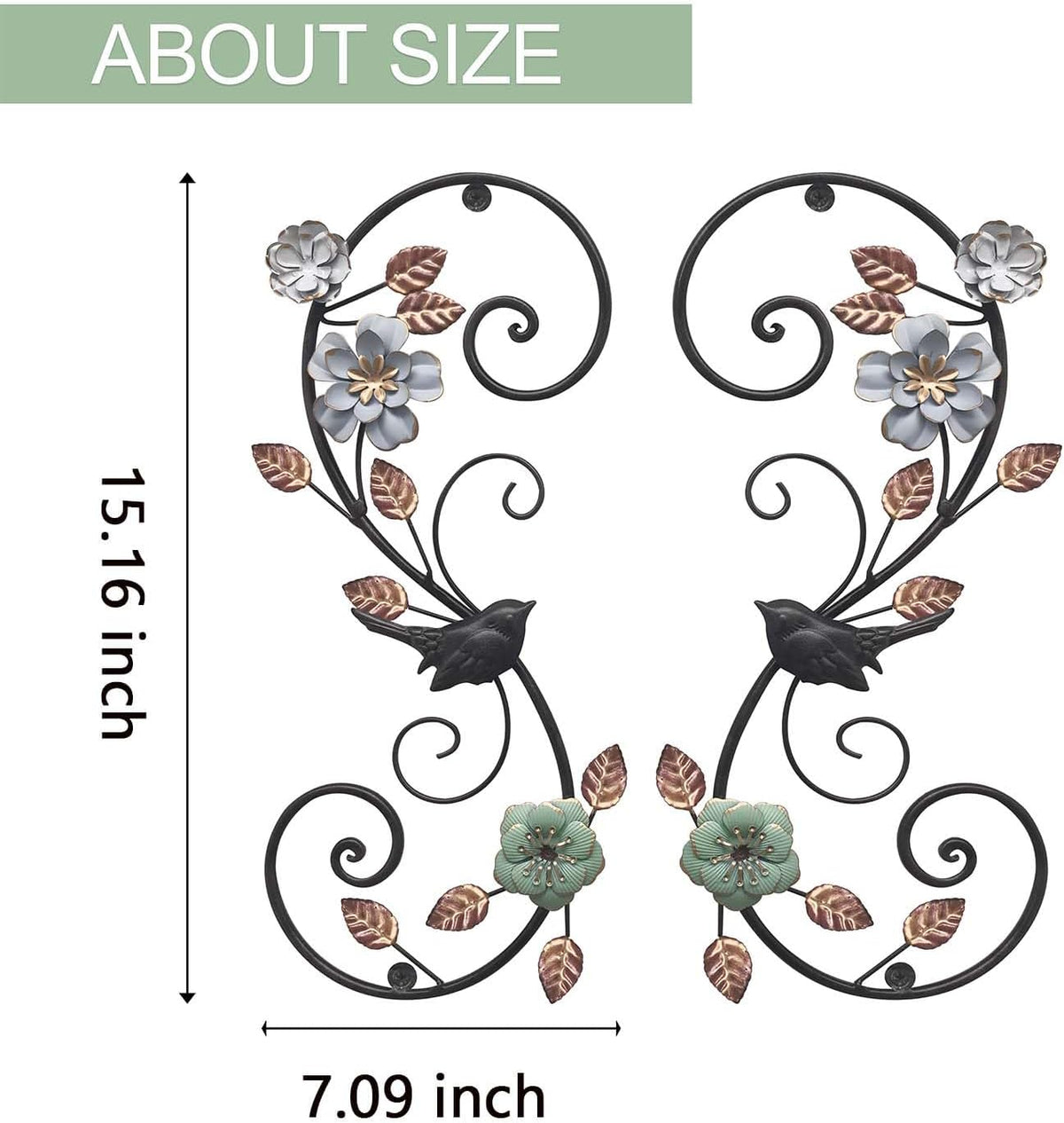 Birminwind 3D Metal Flower Wall Art: 2pcs Vintage Floral Wall Décor with Leaves Bird for Room, 15.16"