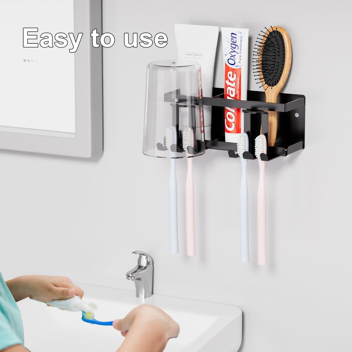 Wall Mounted Toothbrush Holders for Bathroom, Self Adhesive or Drill, Black