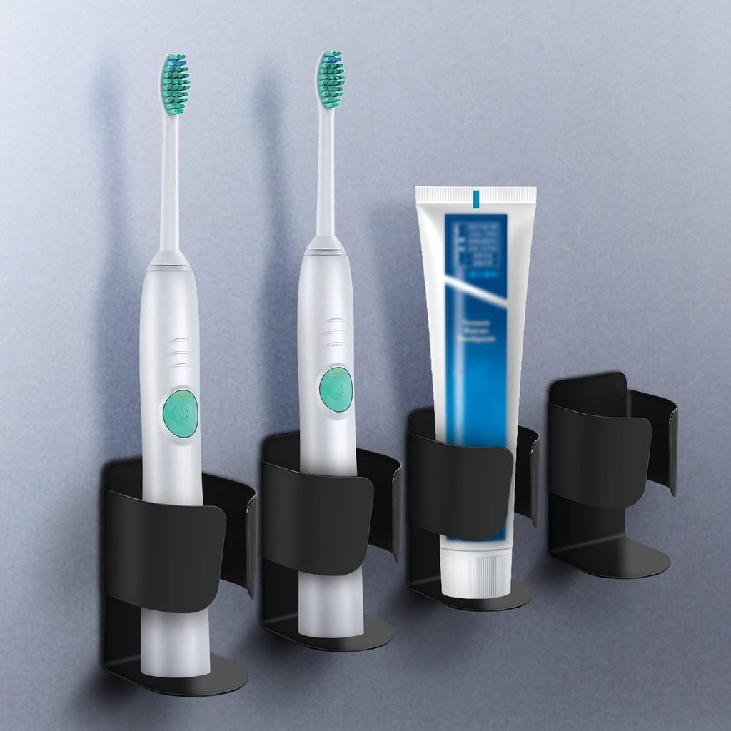 Electric Toothbrush Holder, 304 Stainless Steel Wall Mounted Self Adhesive Storage Organizer Stand Rack for Electric Toothbrush, Toothpaste, Facial Cleanser(4 Pack Black)