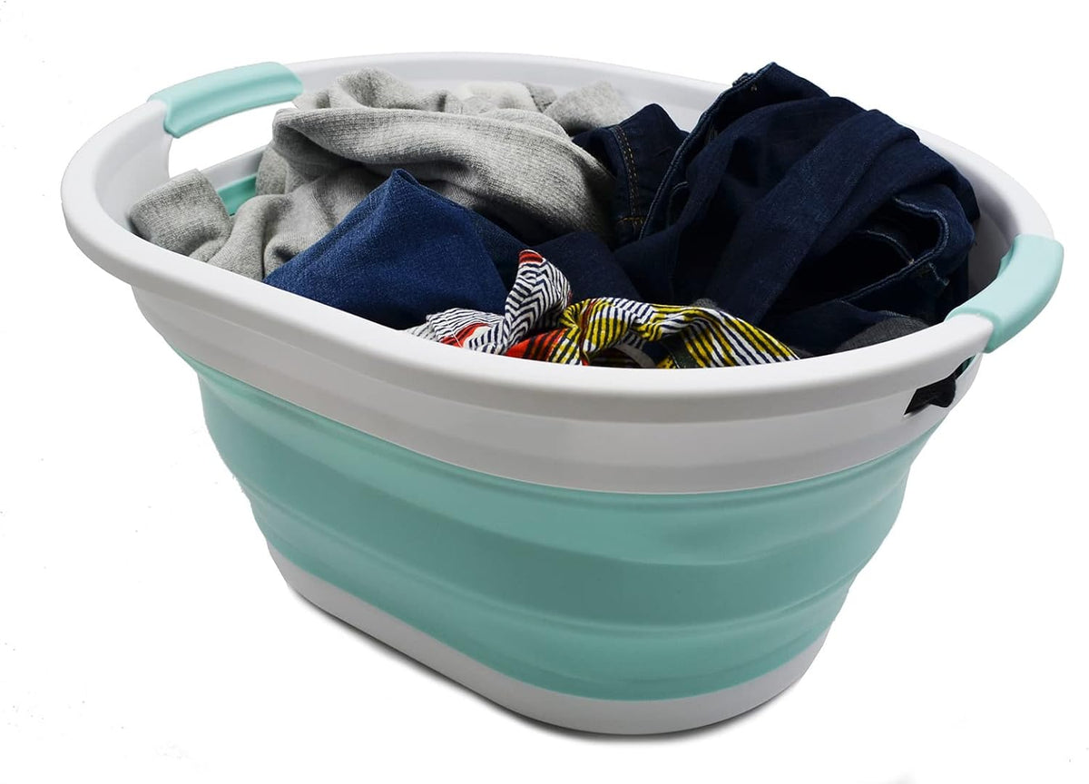SAMMART 32L (8.4 gallon) Collapsible Plastic Laundry Basket - Foldable Pop Up Storage Container/Organizer - Portable Washing Tub, Water Capacity: 24L (1, White/Lake Green)