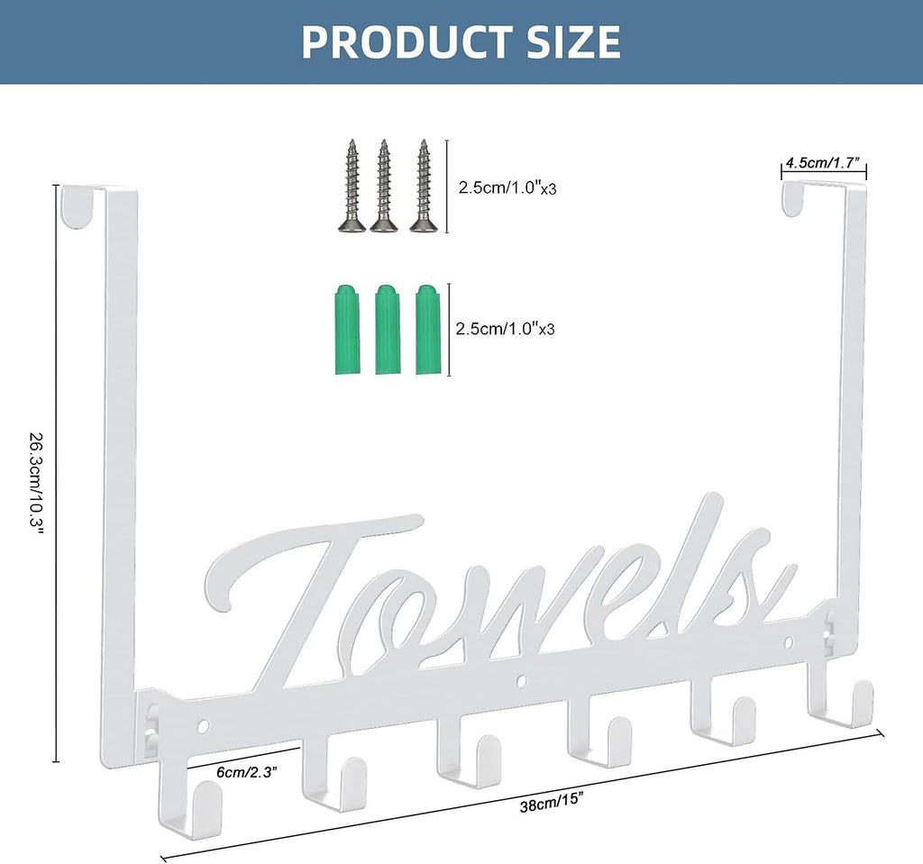 Azmoncy Over The Door Hooks - Wall Mount Towel Hanger with 6 Hooks for Bedroom Bathroom Kitchen Towels, Bag, Coats, Hats - White