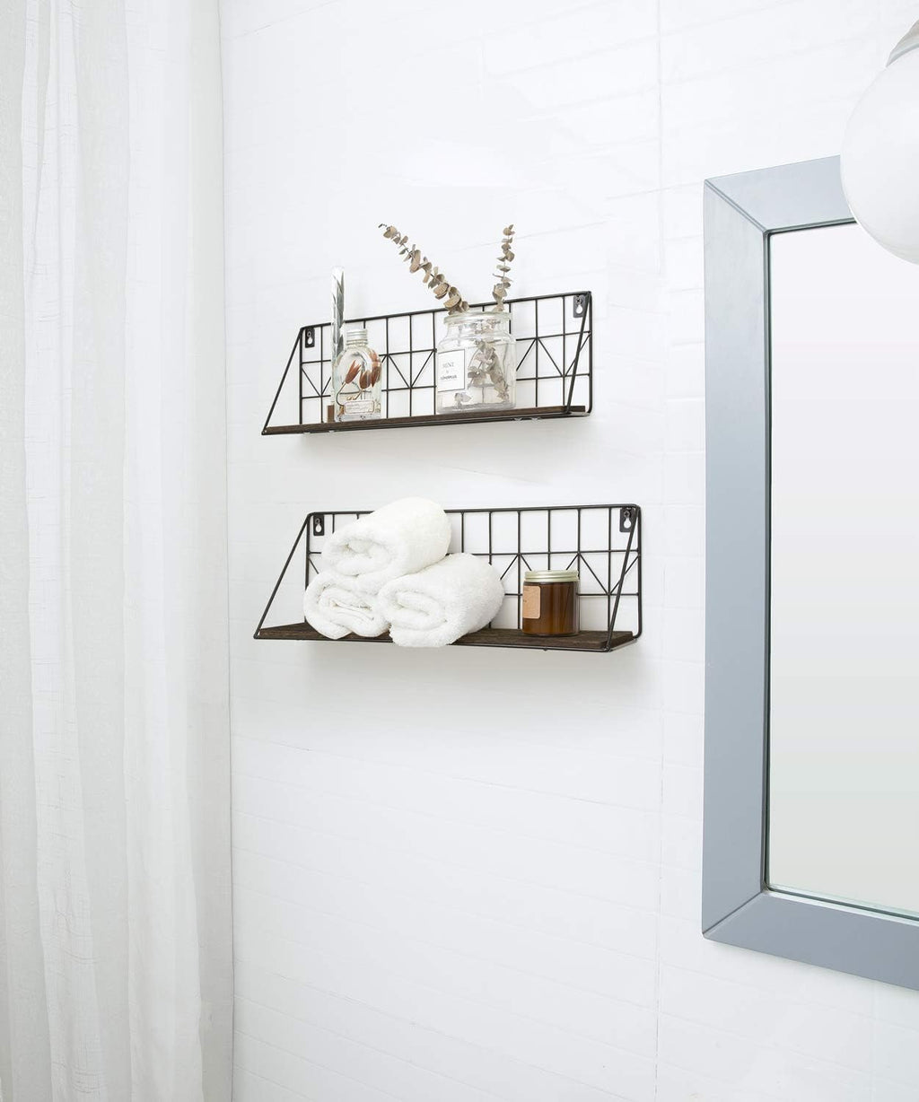 Mkono Floating Shelves Wall Mounted Set of 2 Rustic Wood Storage Display Shelf with Metal Wire Basket, Hanging Shelf for College Drom Bedroom Bathroom Living Room Kitchen Office, Brown,Medium
