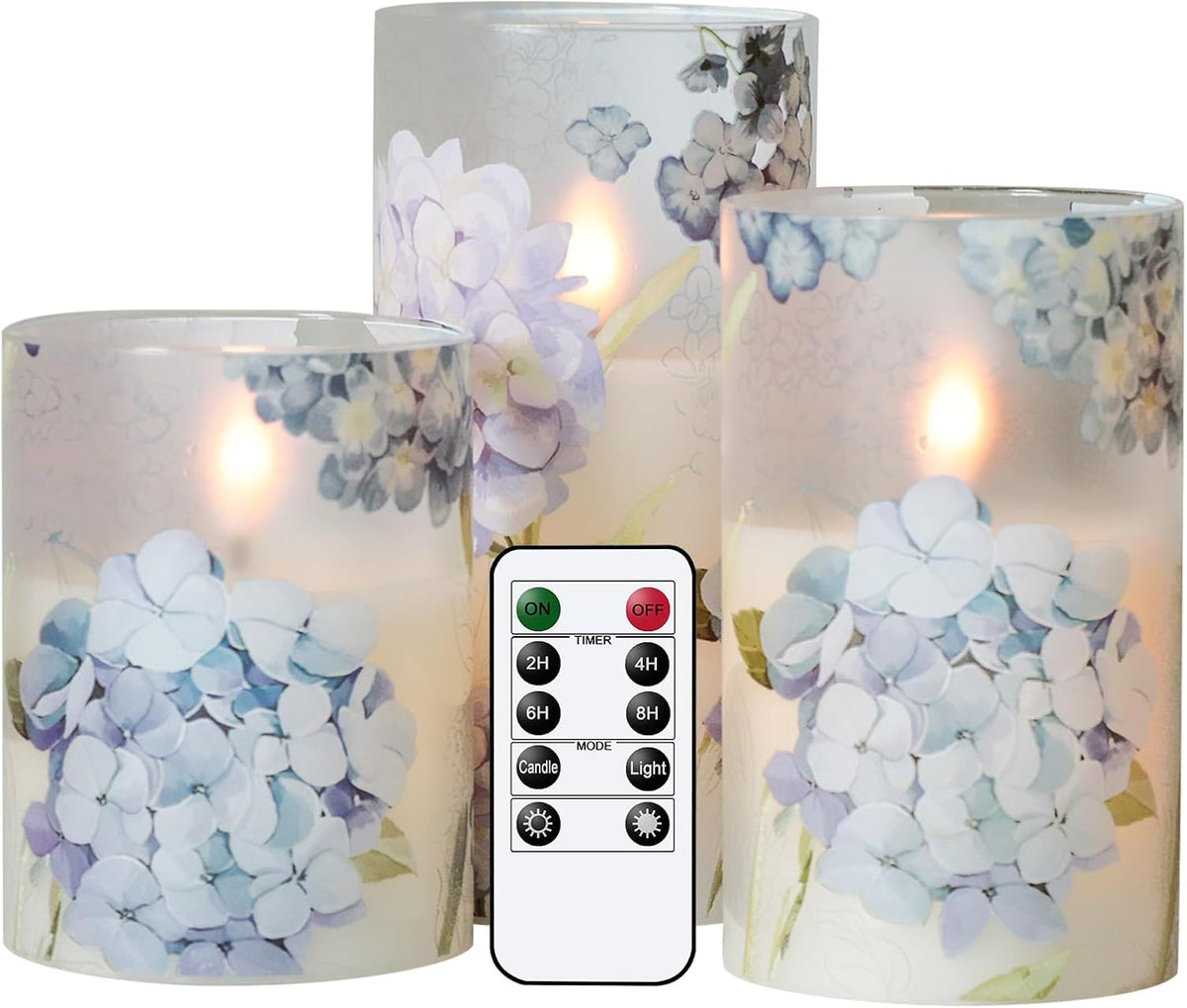 Hydrangeas Glass Flameless Pillar Candles with Remote Timer