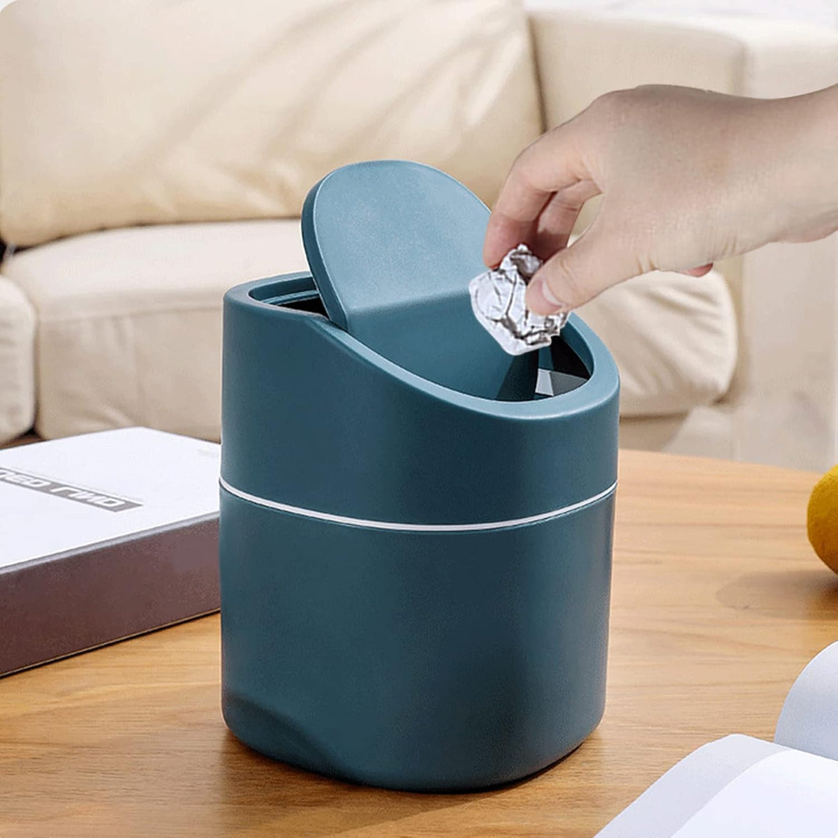 Mini Desk Trash Can with Swing Lid, 0.5gal, Includes 180 Bags, Blue