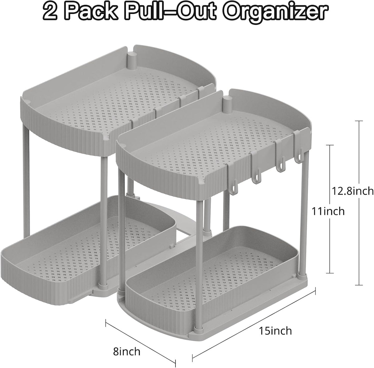 2 Packs Under Sink Pull-Out Storage Organizers, 12.8 Inches, Grey